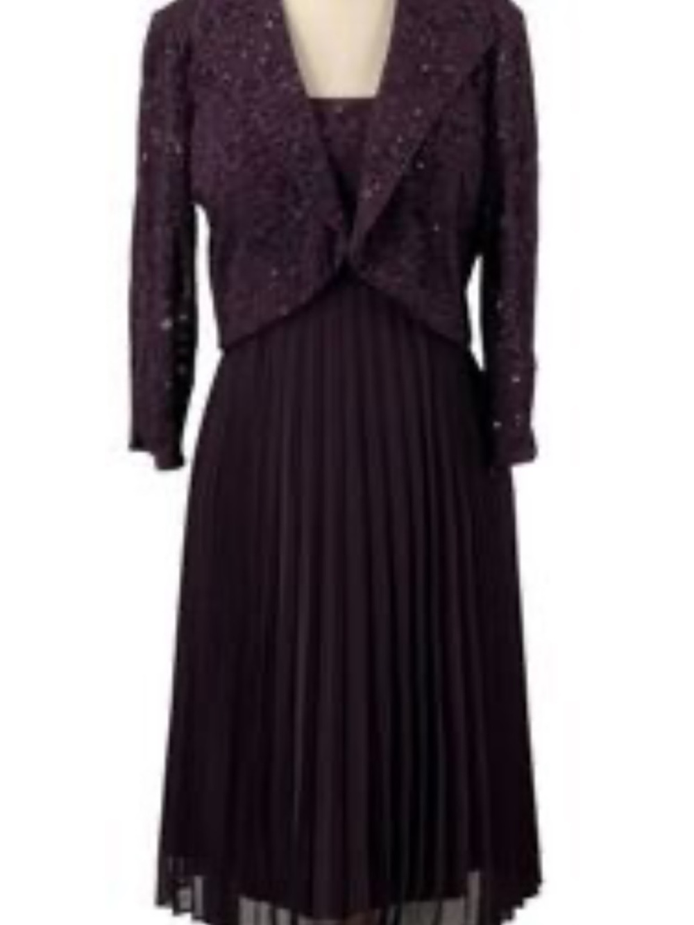 R&M Richards Plum Sequined Jacket with Pleated Dress